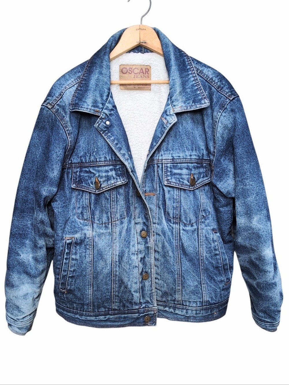 Oscar Jeans Sherpa Denim Jean Trucker Jacket Dark Acid Wash Mens Size MEDIUM